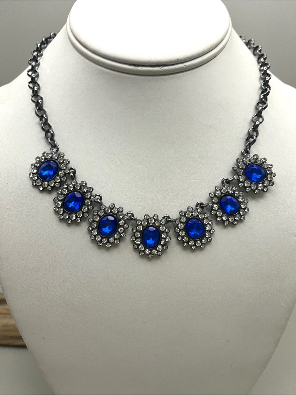Royal Blue Sapphire Crystal Halo Bib Necklace Gunmetal Statement Choker Rhinesto